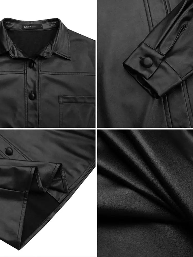 Damenjacke Synthetikleder Lange Ärmel Lässiger Vintage-Stil-3