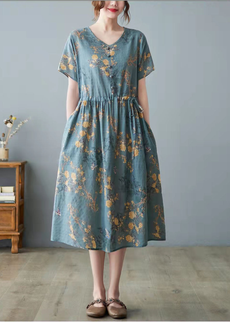 Damklänning V-ringning med Väskor Lätt Polyester, Fina Dam Klänningar för Sommarfester och Bröllop-2