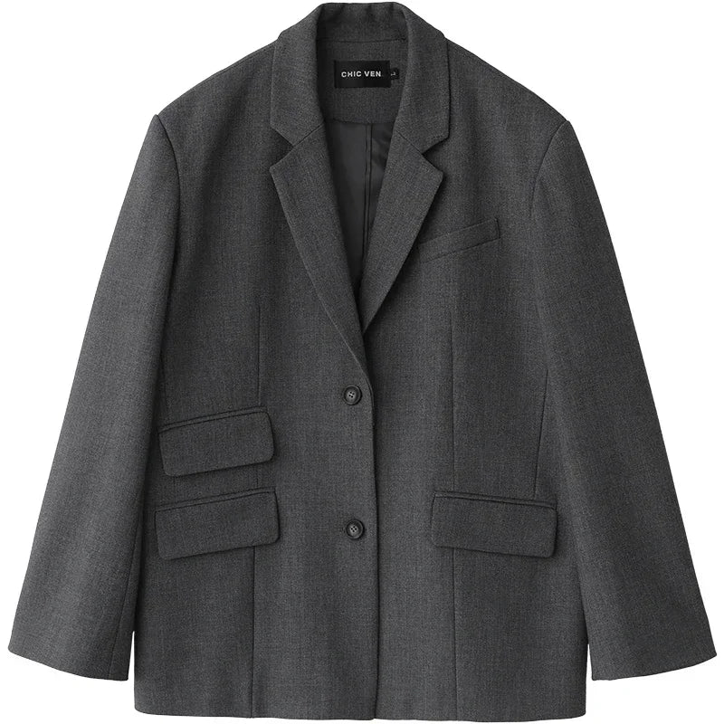 Överdimensionerad Dam Blazer i Polyester och Spandex med Skräddarsydd Passform och Klafffickor – Klassisk Design 3
