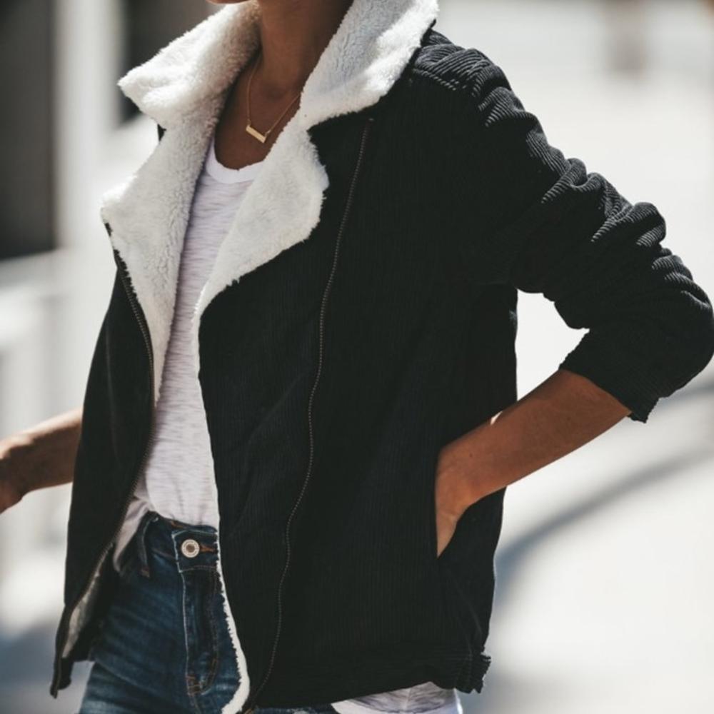 Dam Sladdjacka Sherpa-foder Ribbad Detalj-6