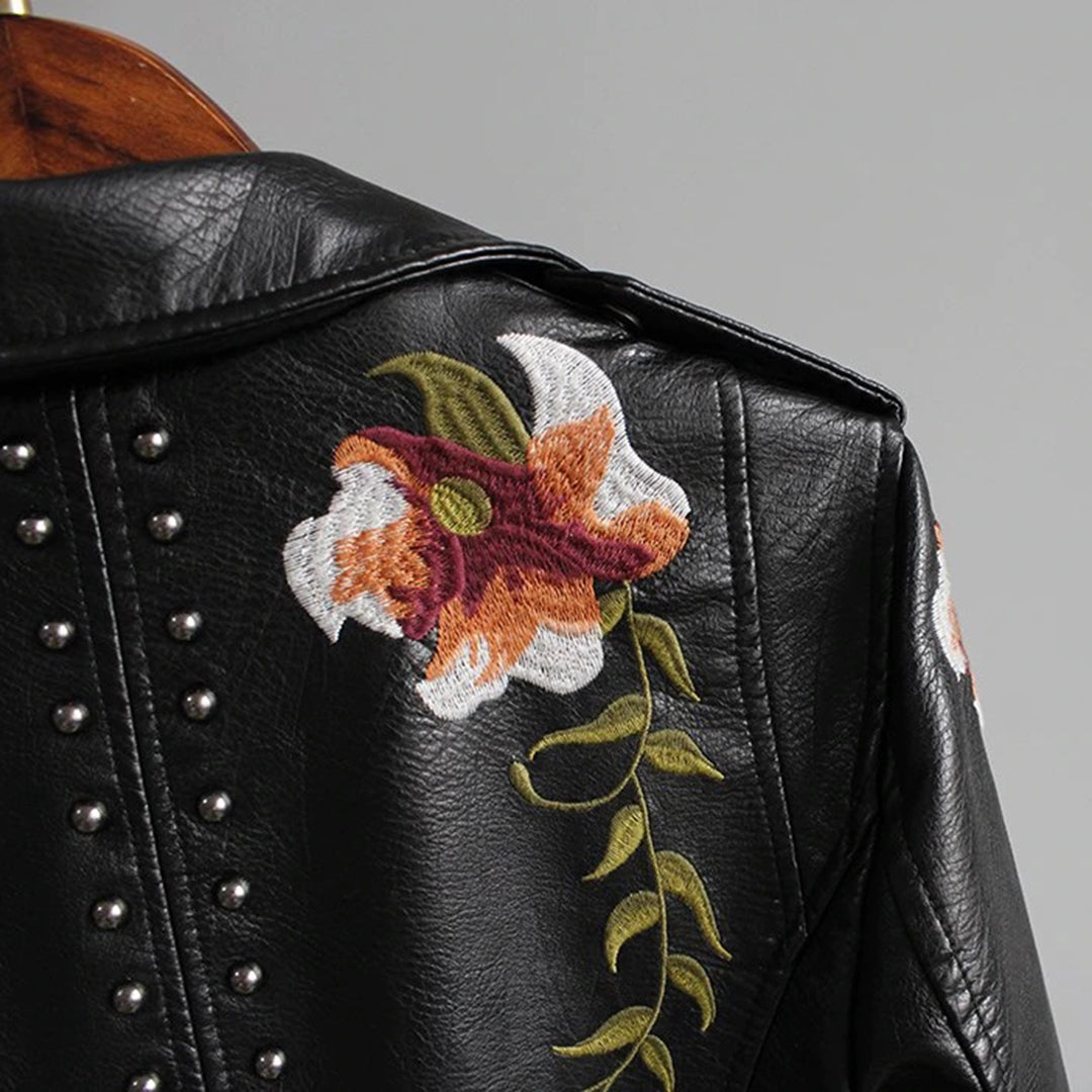 Dam Läderjacka Blommönster Design Högkvalitativt Läder-5