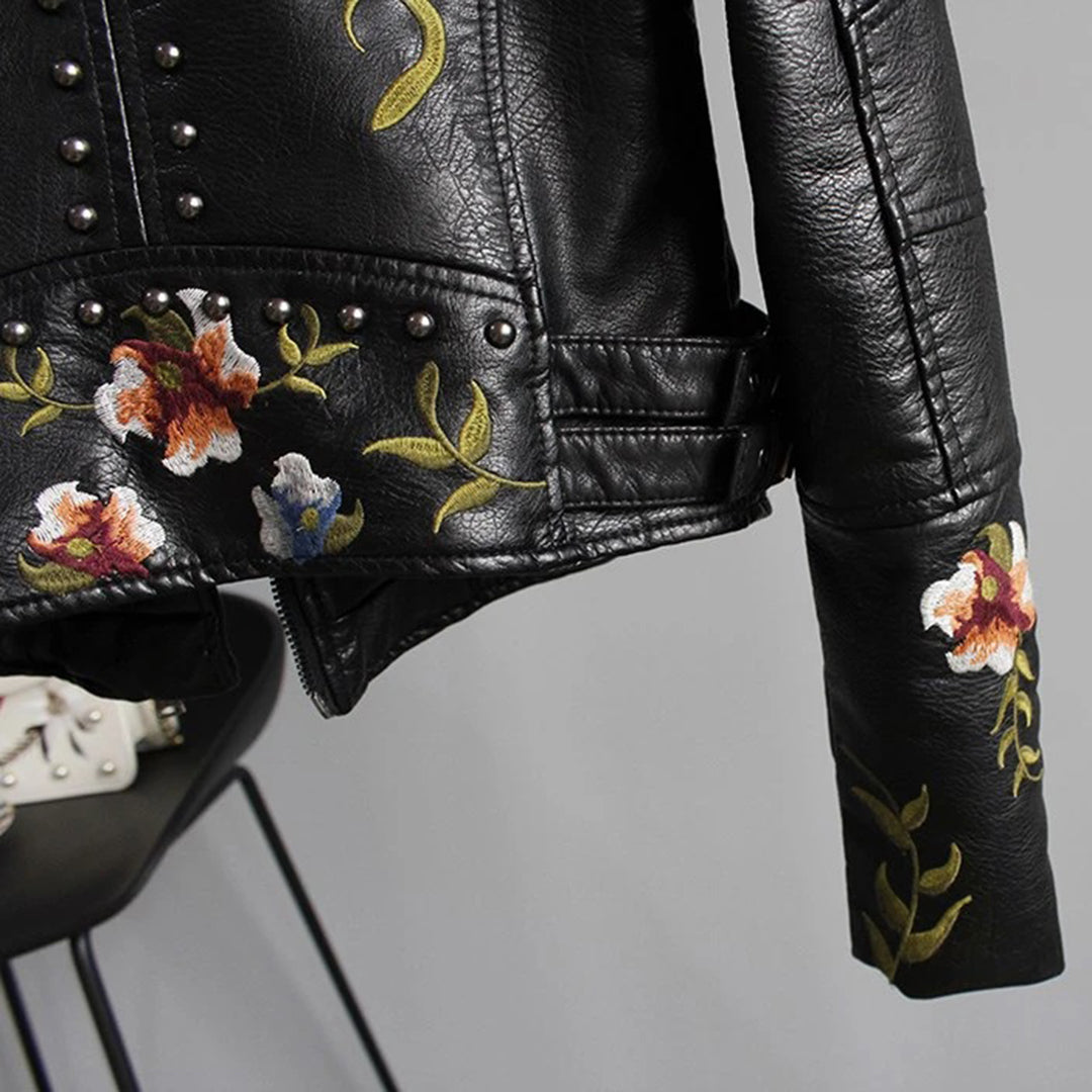Dam Läderjacka Blommönster Design Högkvalitativt Läder-6