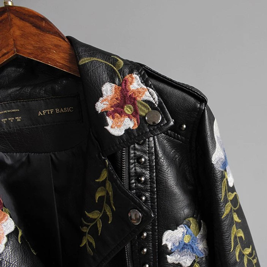Dam Läderjacka Blommönster Design Högkvalitativt Läder-4