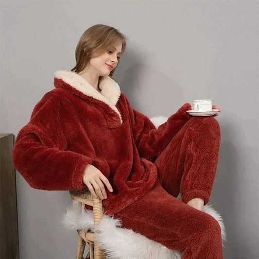 Dam Pyjamas Set Fleece med Långa Ärmar och Byxor-1