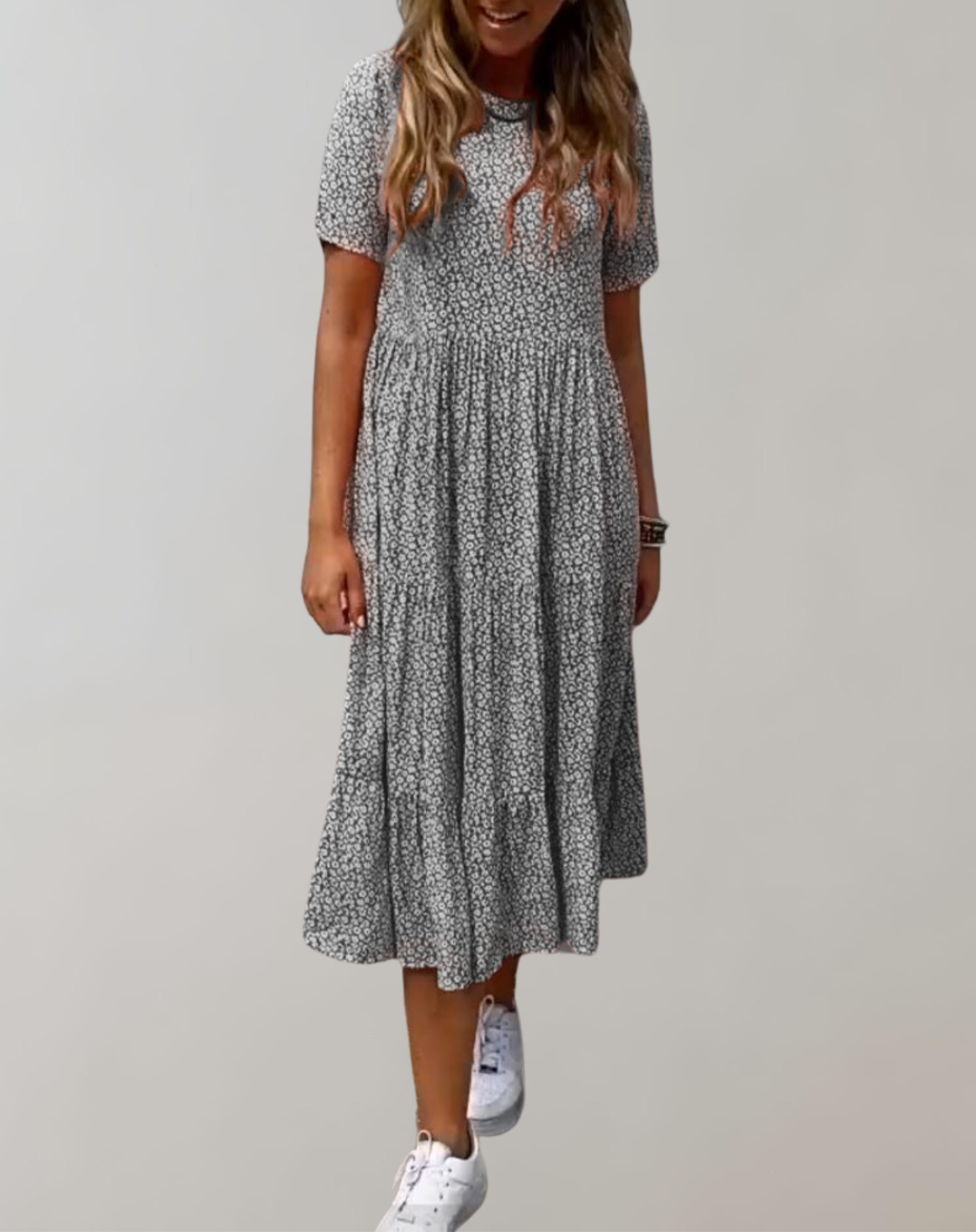 Variant image for Dam Midiklänning Blommönster Avslappnad Stil Korta Ärmar Mjukt Material-13