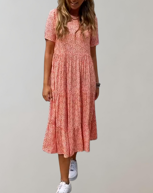 Dam Midiklänning Blommönster Avslappnad Stil Korta Ärmar Mjukt Material-1