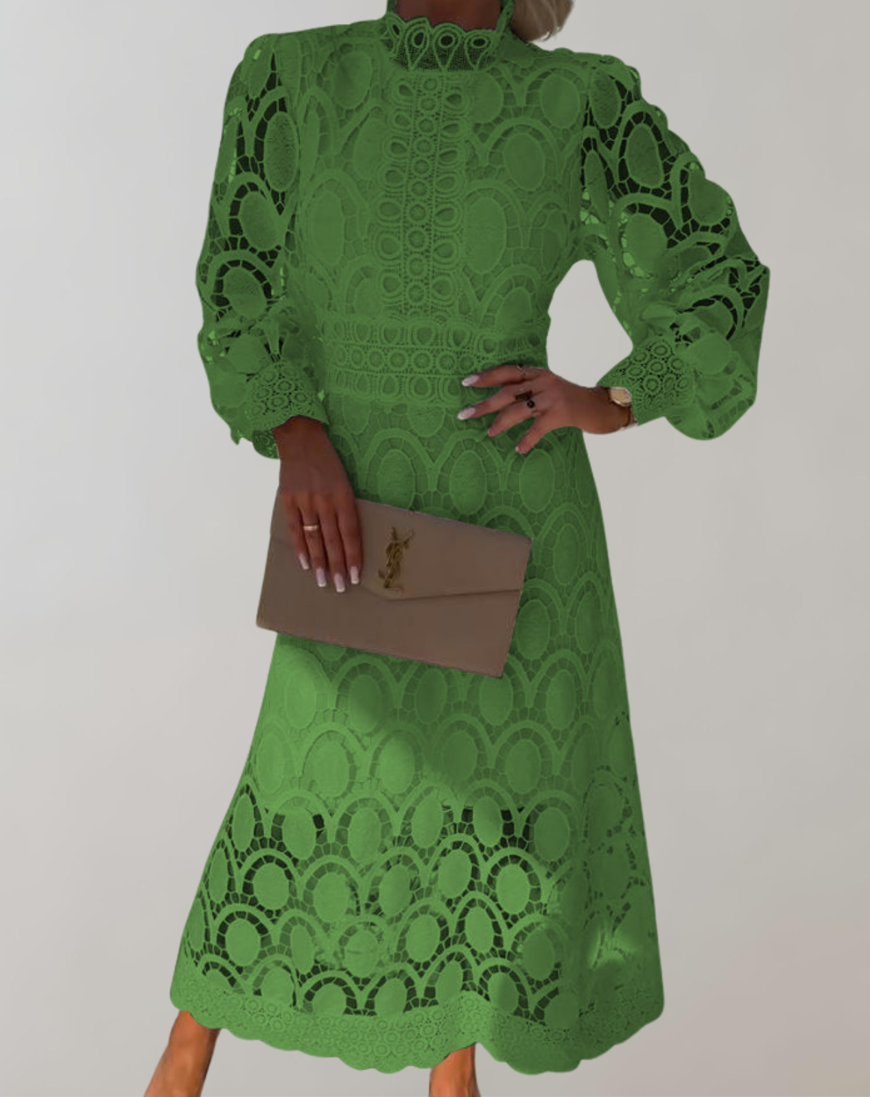 Kvinna MIDI Klänning Höghalsad Spets-6