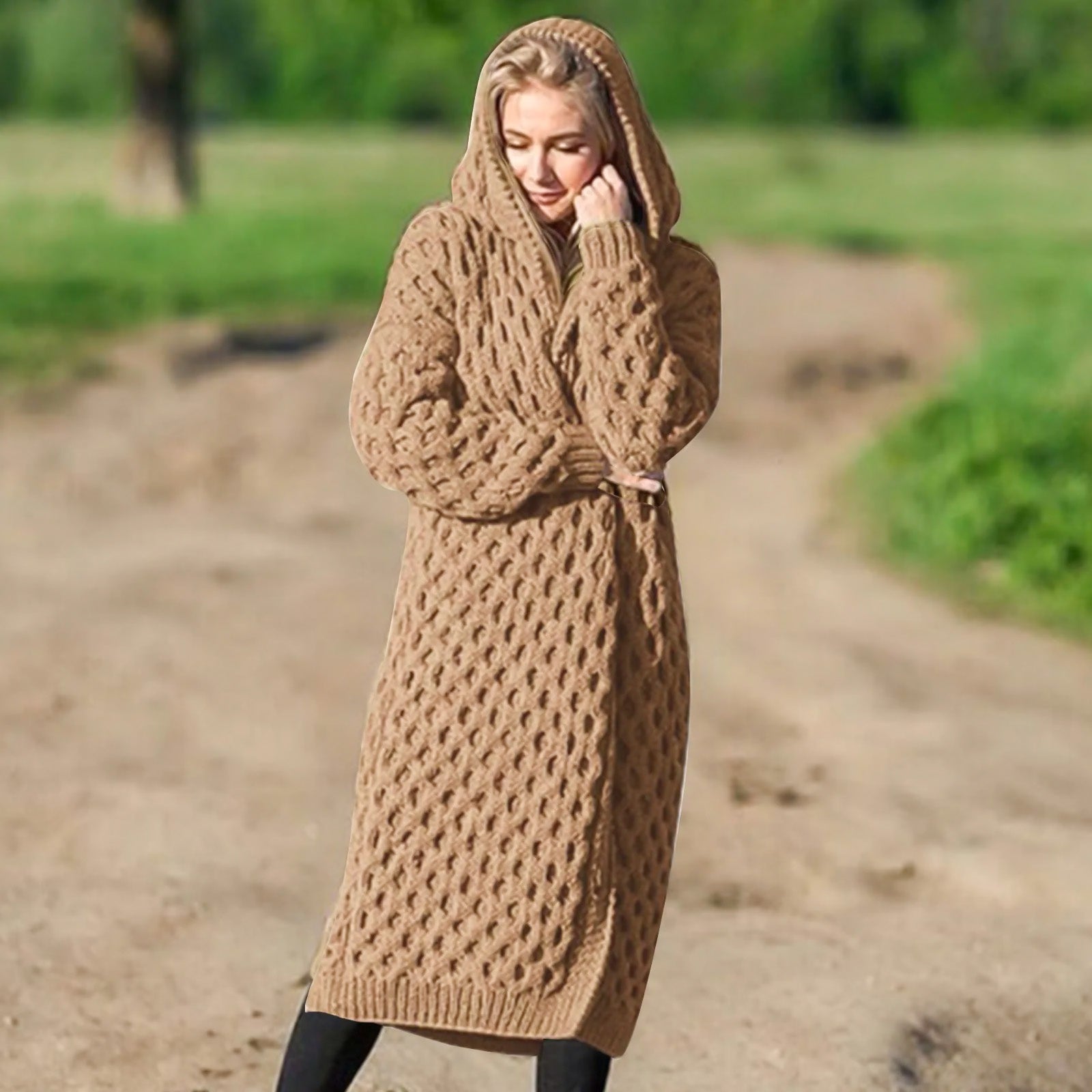 Variant image for Lång Kofta Dam Stickad Silhuett med Öppen Front och Huva-9