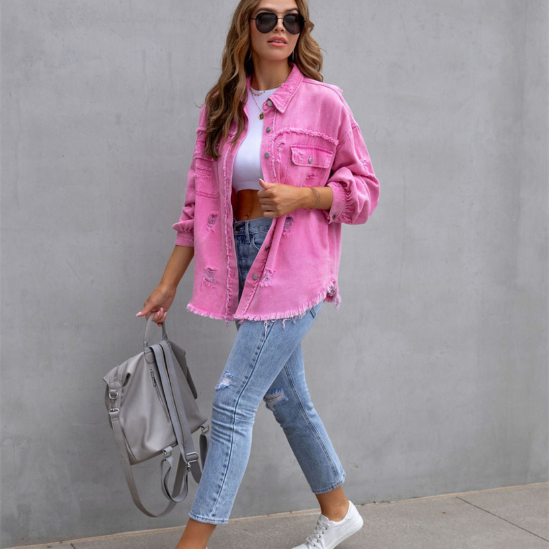 Dam Jeansjacka Modern Denim med Fransar Oversize-2