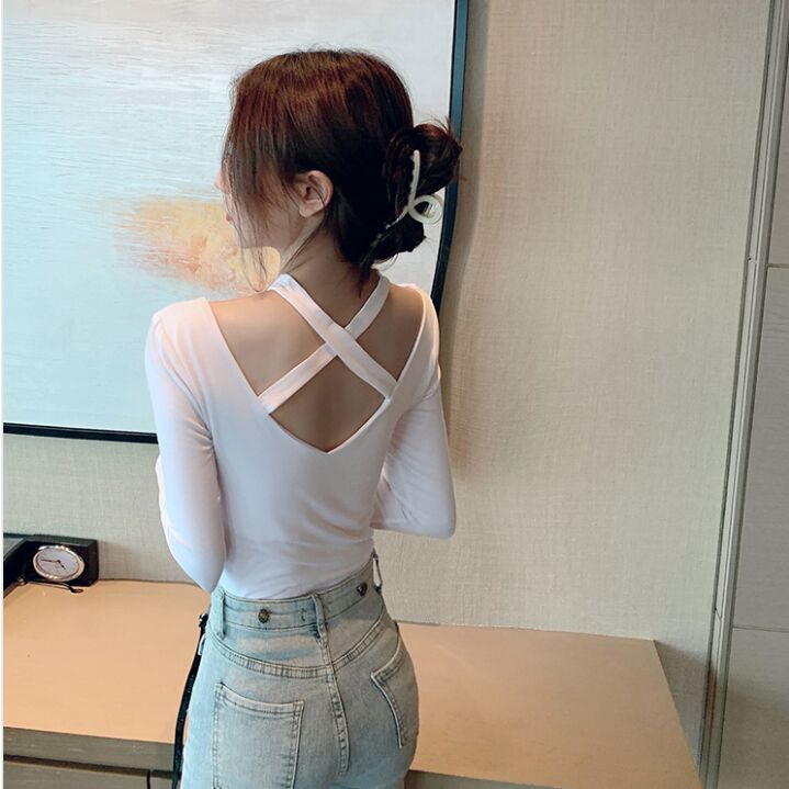 Dam Långärmad T-Shirt V-Hals Bomull Spandex-5