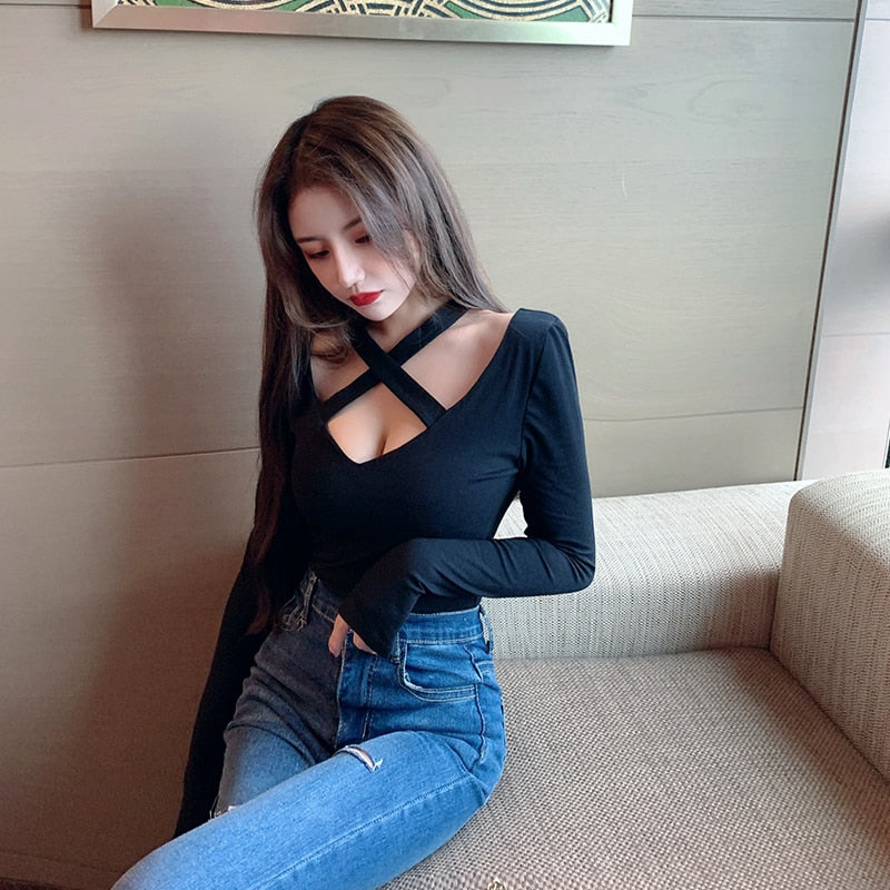 Dam Långärmad T-Shirt V-Hals Bomull Spandex-2