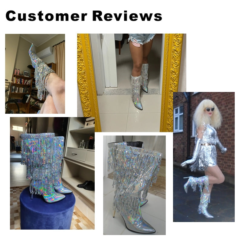 Kvinnors Stövlar Medelhög Spetsig Mikromönster Med Fransar och Paljetter-3