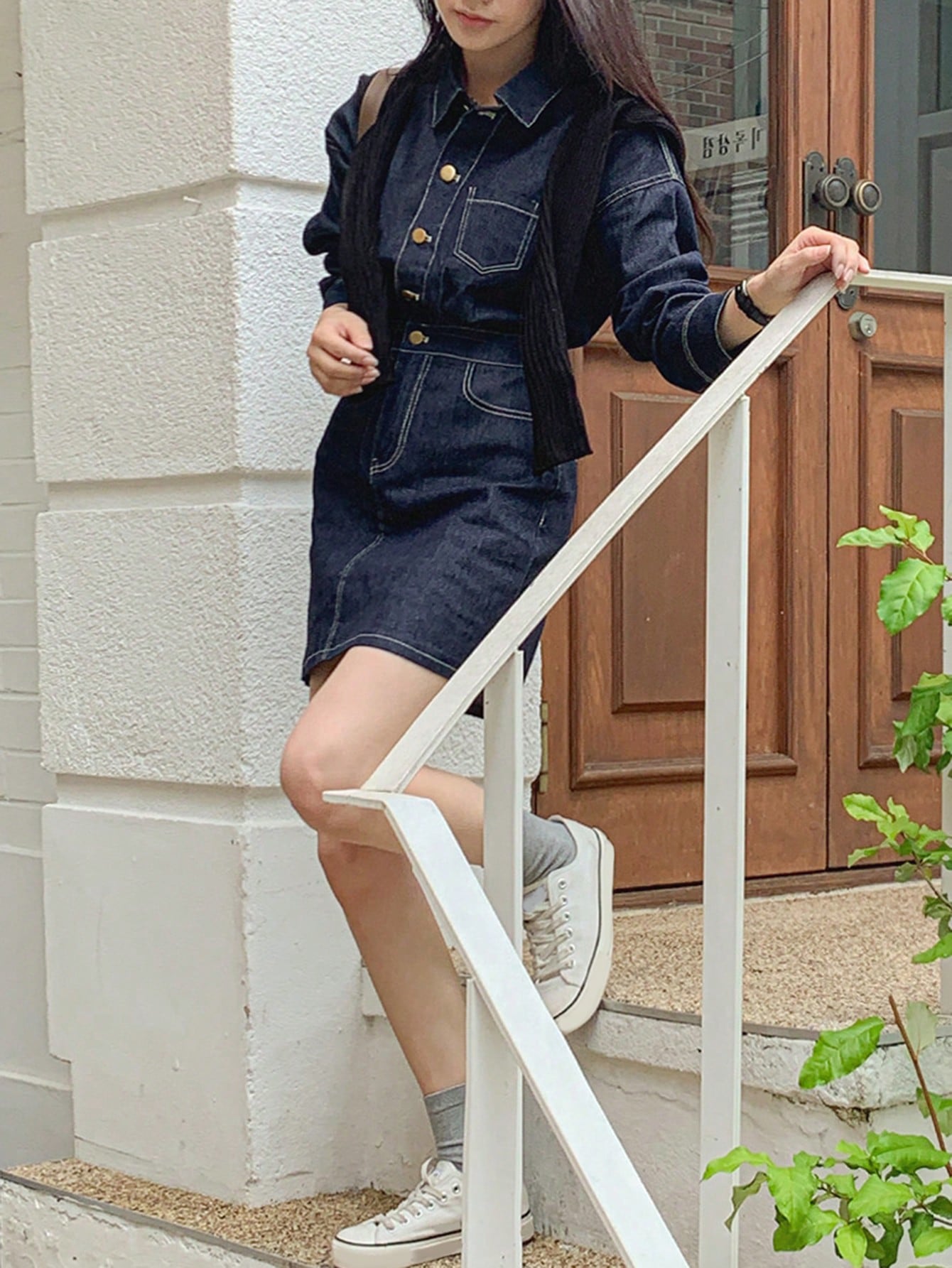 Dam Denimklänning med Knappar och Puffärmar i Bomull-2