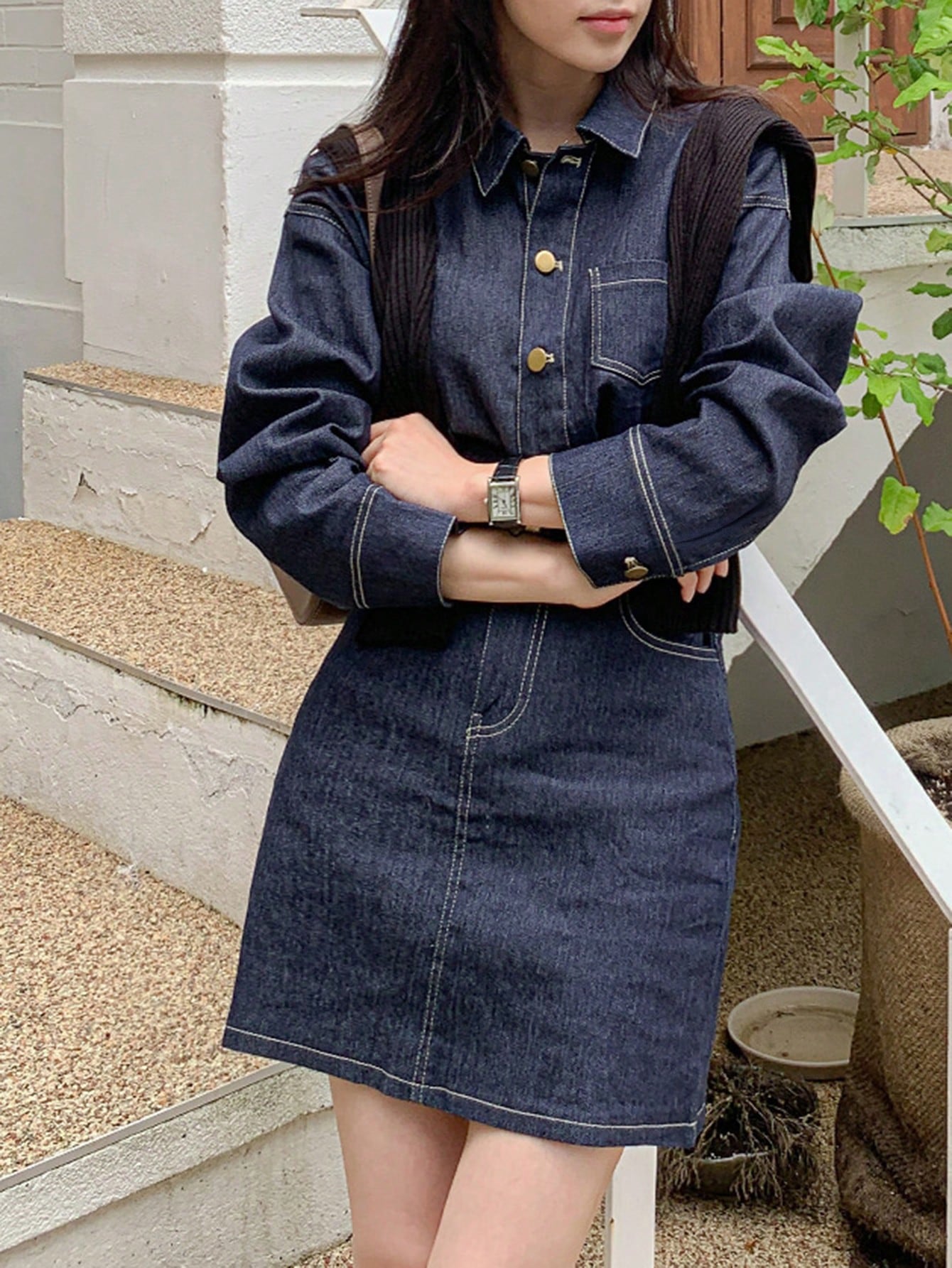 Dam Denimklänning med Knappar och Puffärmar i Bomull-3