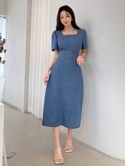 Kvinnors Kortärmad Klänning med Slits Puffärmar Denim 1