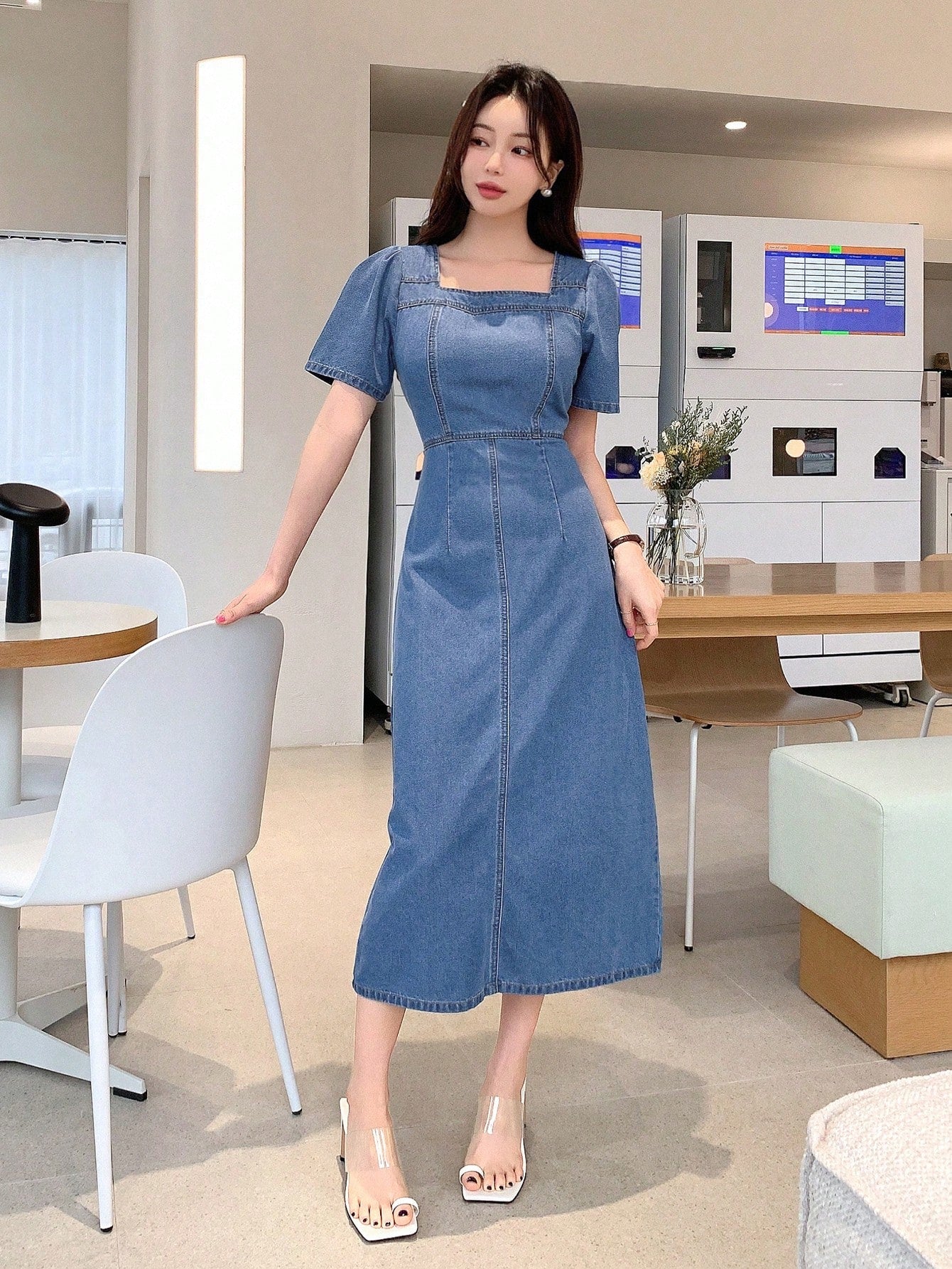 Kvinnors Kortärmad Klänning med Slits Puffärmar Denim 4