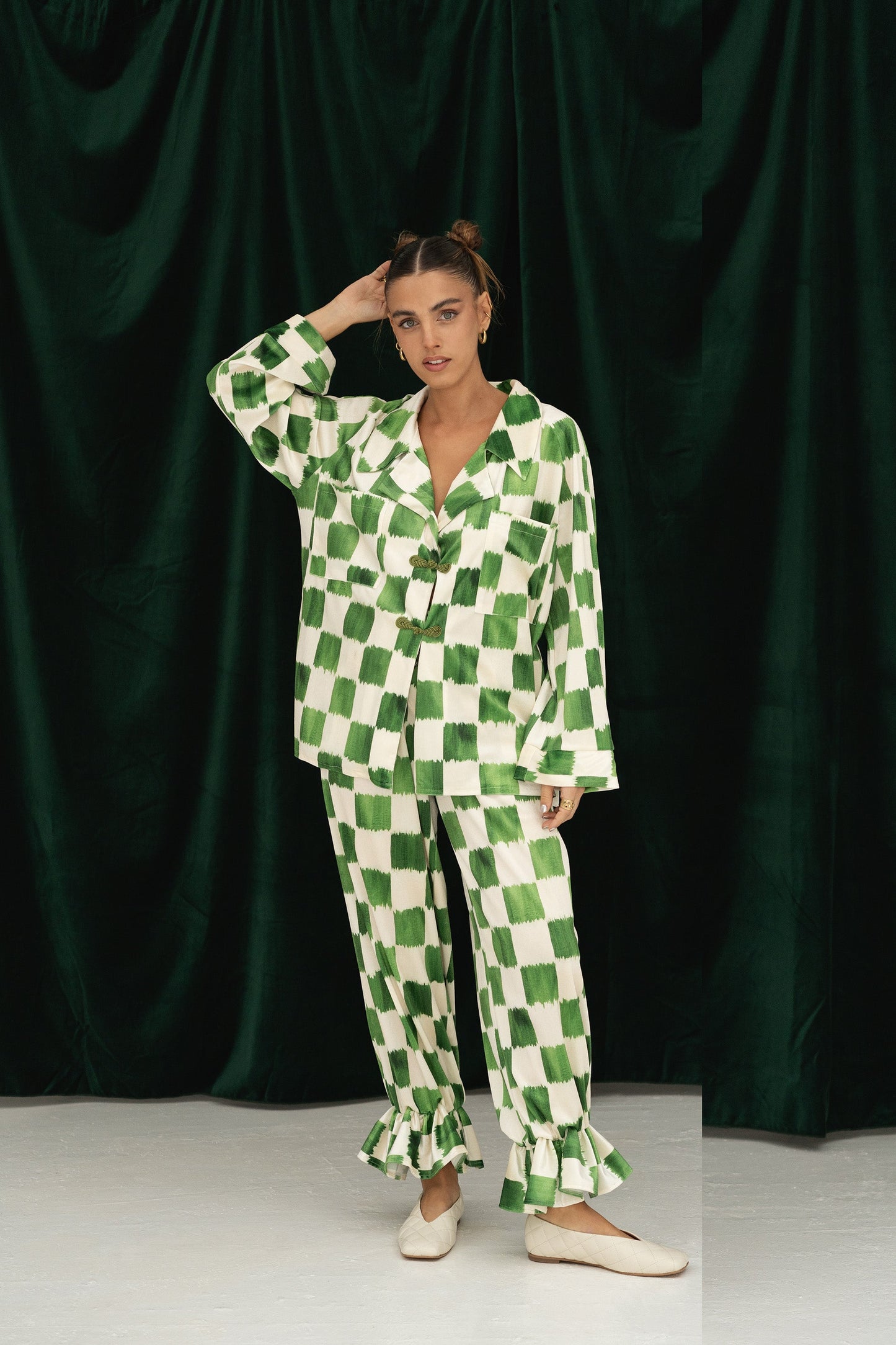 Dam Byxor Sammet Modern Med Elastisk Midja och Sidofickor-4