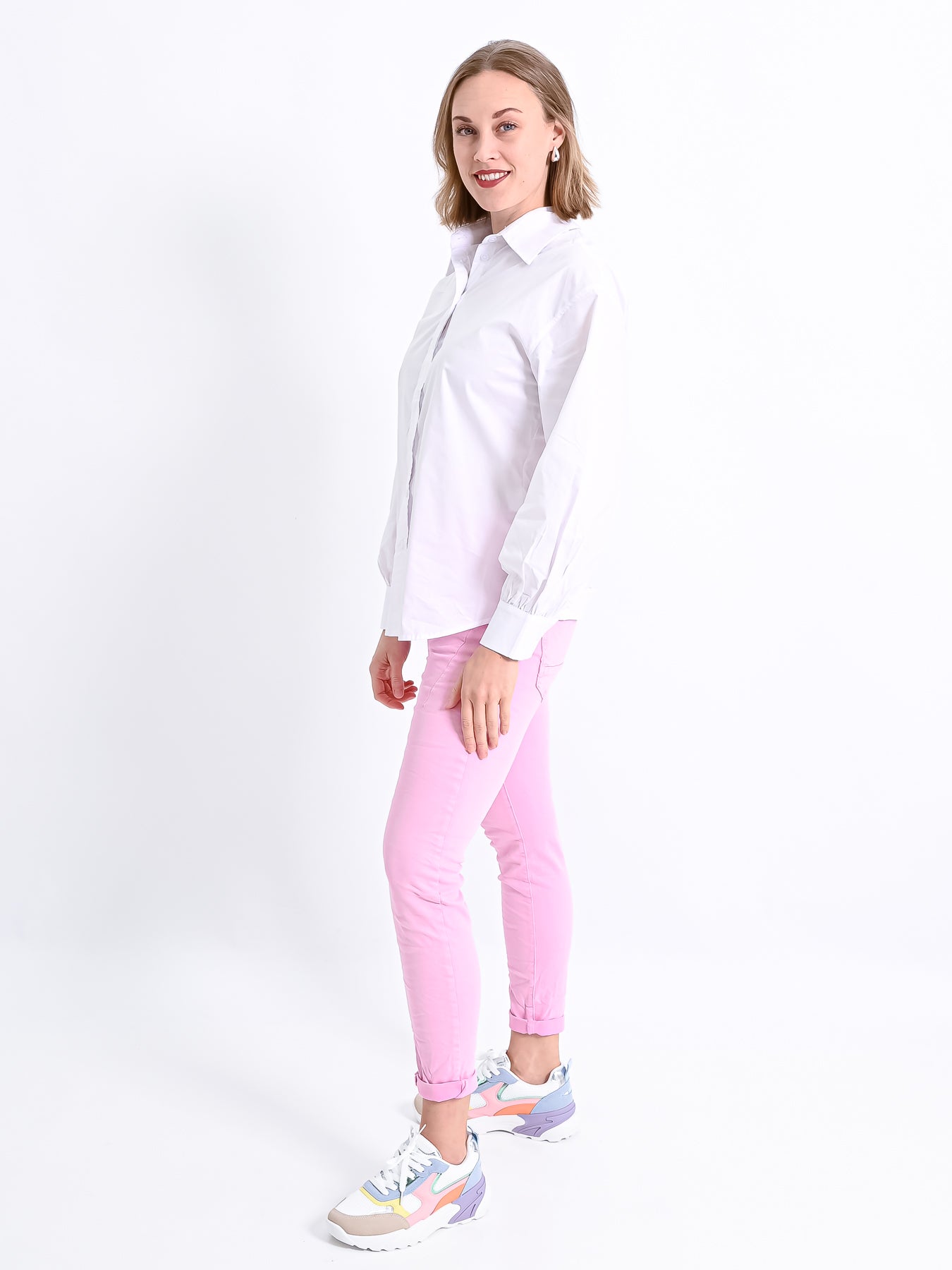 Vit Dam Blus Långärmad Med Knappband Mjuk Bomull-3