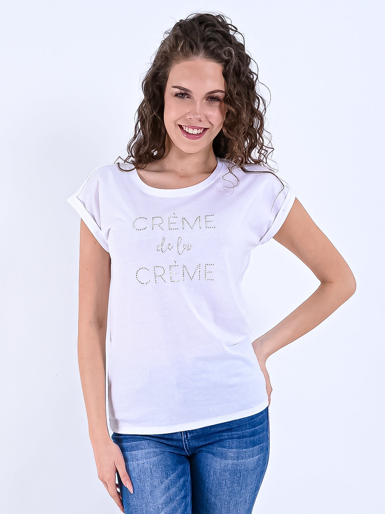 Dam T-shirt Rullärmad 100% Bomull Med Tryck-1