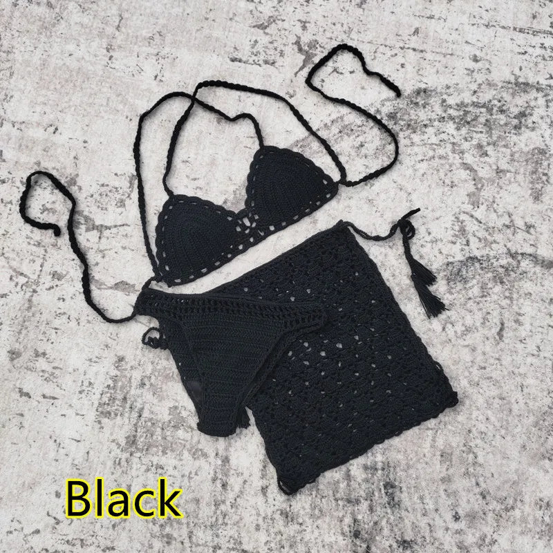 Dam 3-delad Bikini Geometrisk Design Virkat Material 0