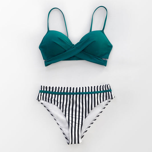 Dam Bikini Tvådelad Blommig och Randig Polyester Spandex 0