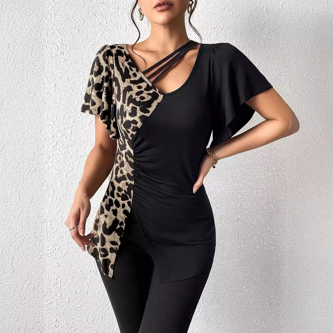 Dam Festtopp med Asymmetrisk Krage och Fjärilärmar i Leopardmönster, Polyester 1