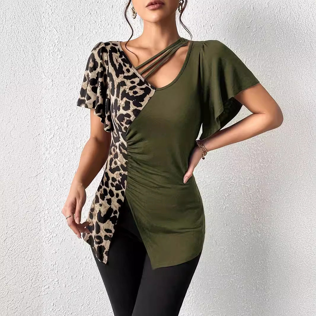 Dam Festtopp med Asymmetrisk Krage och Fjärilärmar i Leopardmönster, Polyester 2