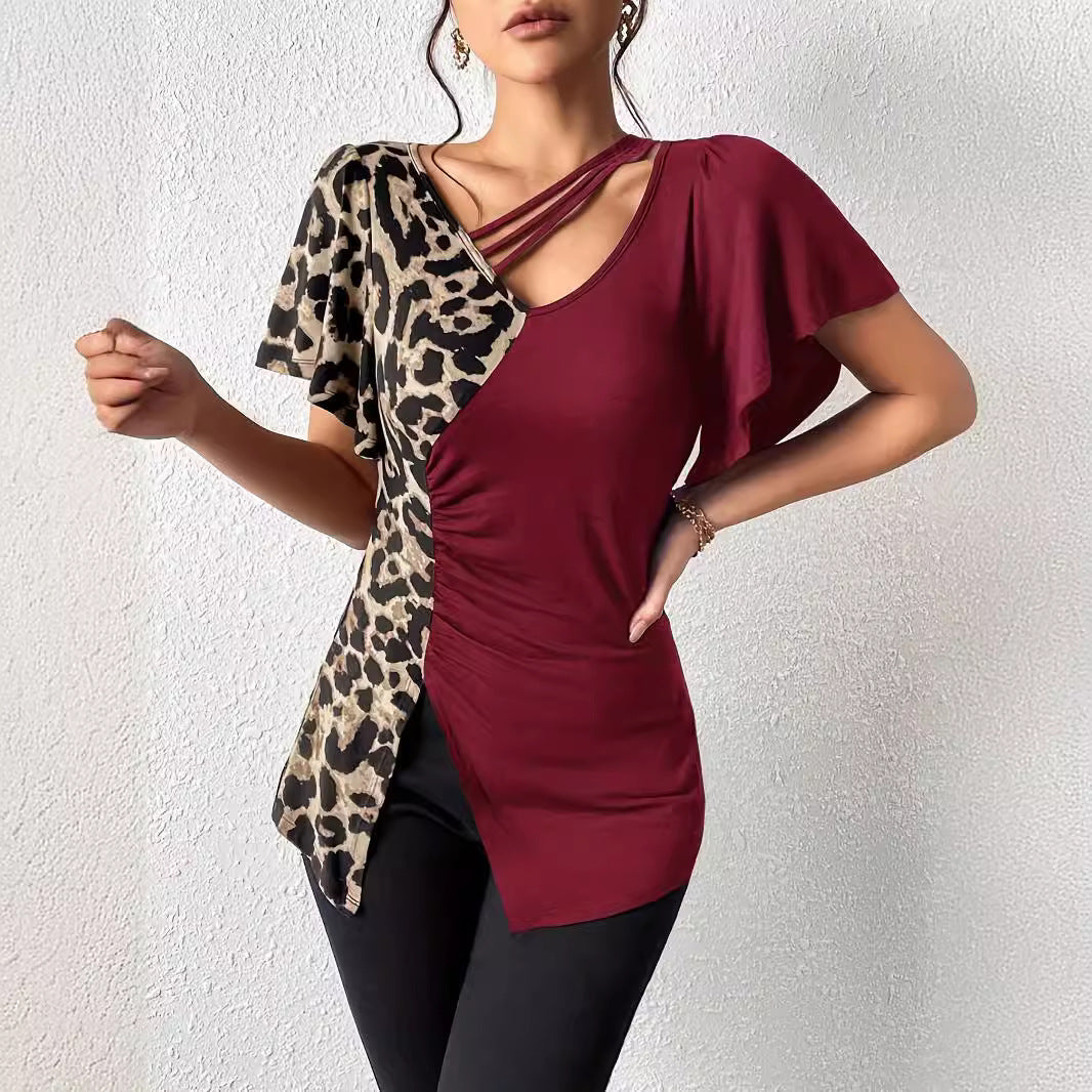 Dam Festtopp med Asymmetrisk Krage och Fjärilärmar i Leopardmönster, Polyester 3