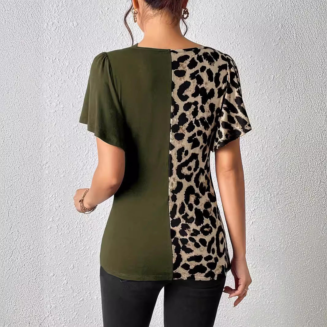 Dam Festtopp med Asymmetrisk Krage och Fjärilärmar i Leopardmönster, Polyester 4