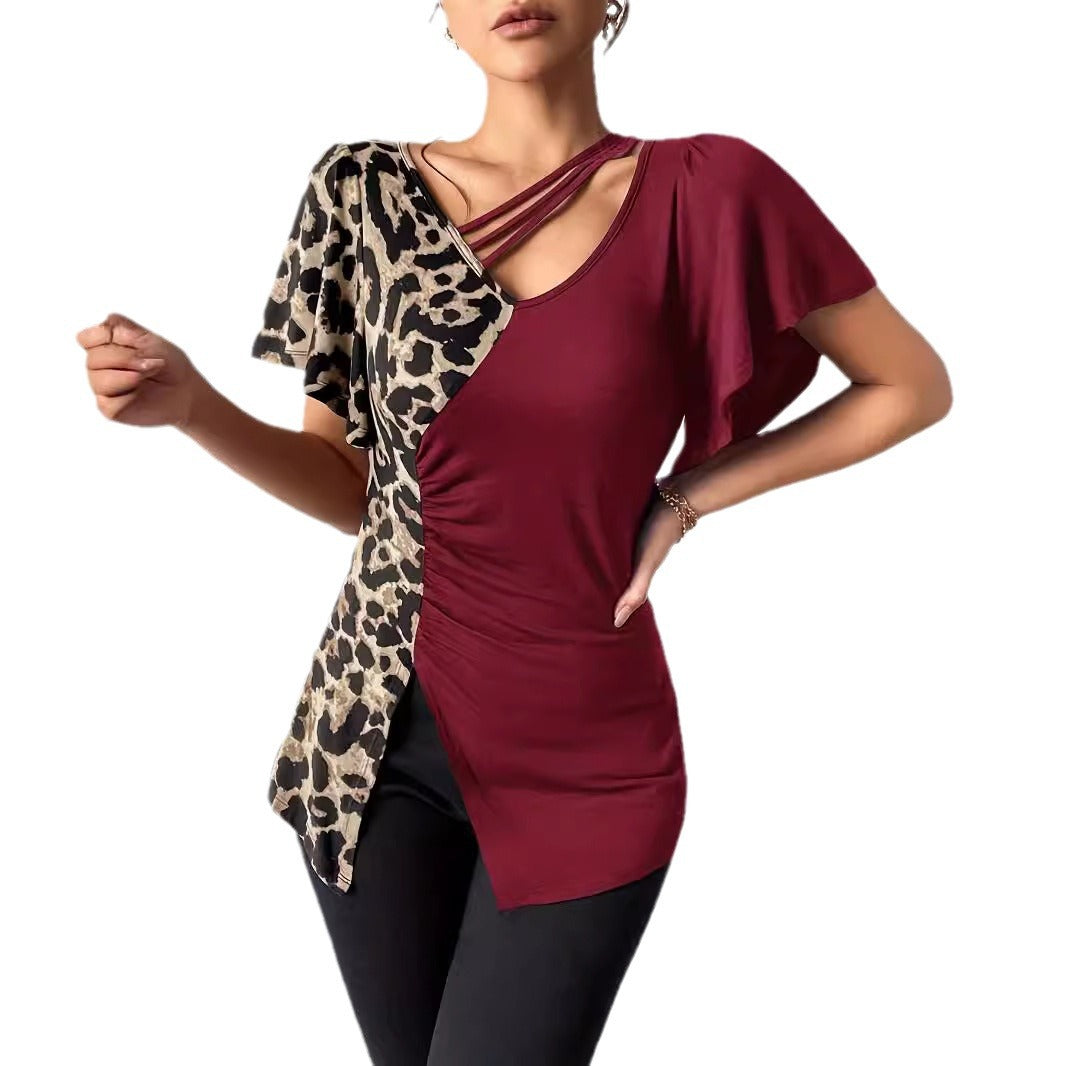 Dam Festtopp med Asymmetrisk Krage och Fjärilärmar i Leopardmönster, Polyester 5
