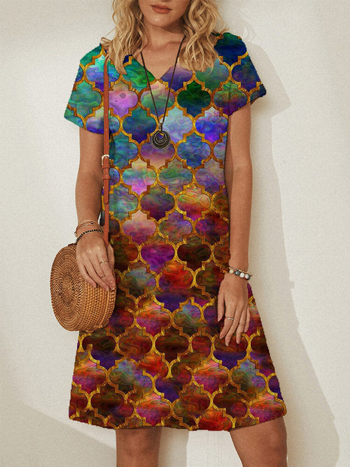 Dam Klänning Kortärmad Geometrisk Tryck Polyester Midi 0