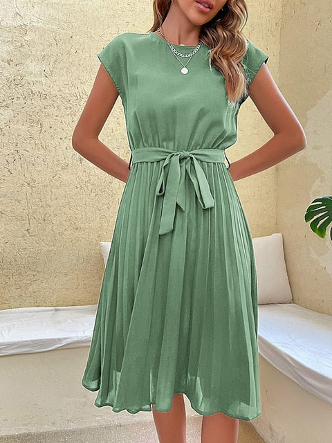 Dam Klänning Kortärmad Veckad Lätt Polyester 7