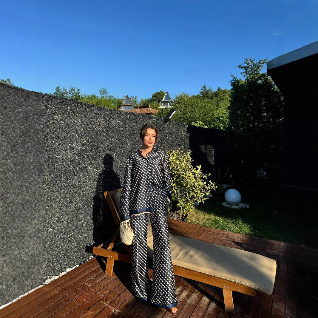 Dam Lång Skjorta och Hög Midja Byxor Set Geometrisk Design Högkvalitativt Tyg 1
