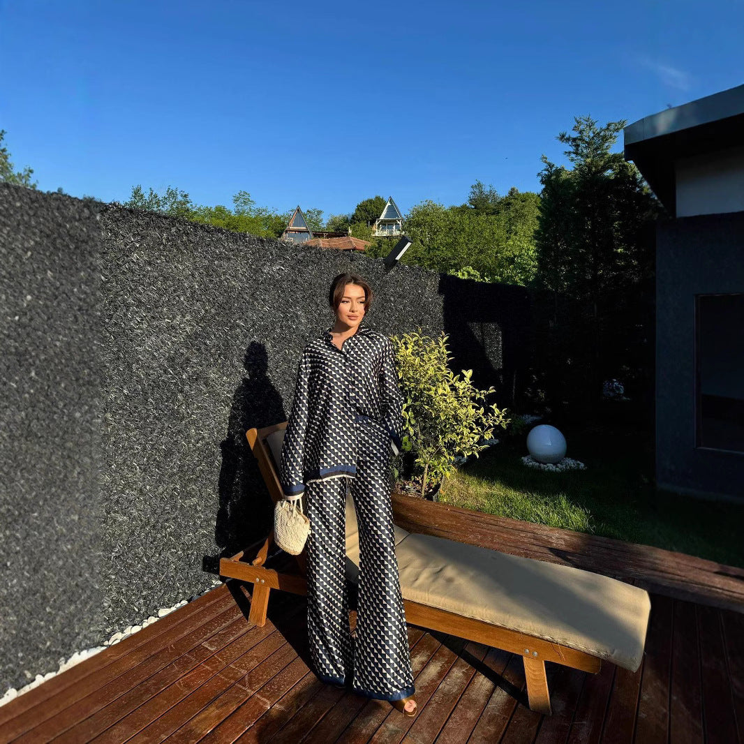 Dam Lång Skjorta och Hög Midja Byxor Set Geometrisk Design Högkvalitativt Tyg 2