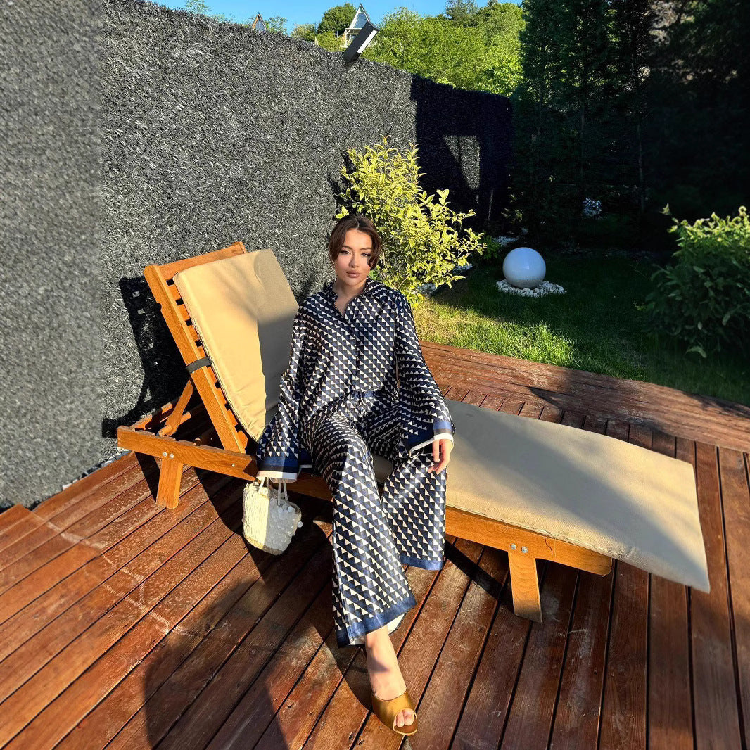 Dam Lång Skjorta och Hög Midja Byxor Set Geometrisk Design Högkvalitativt Tyg 4