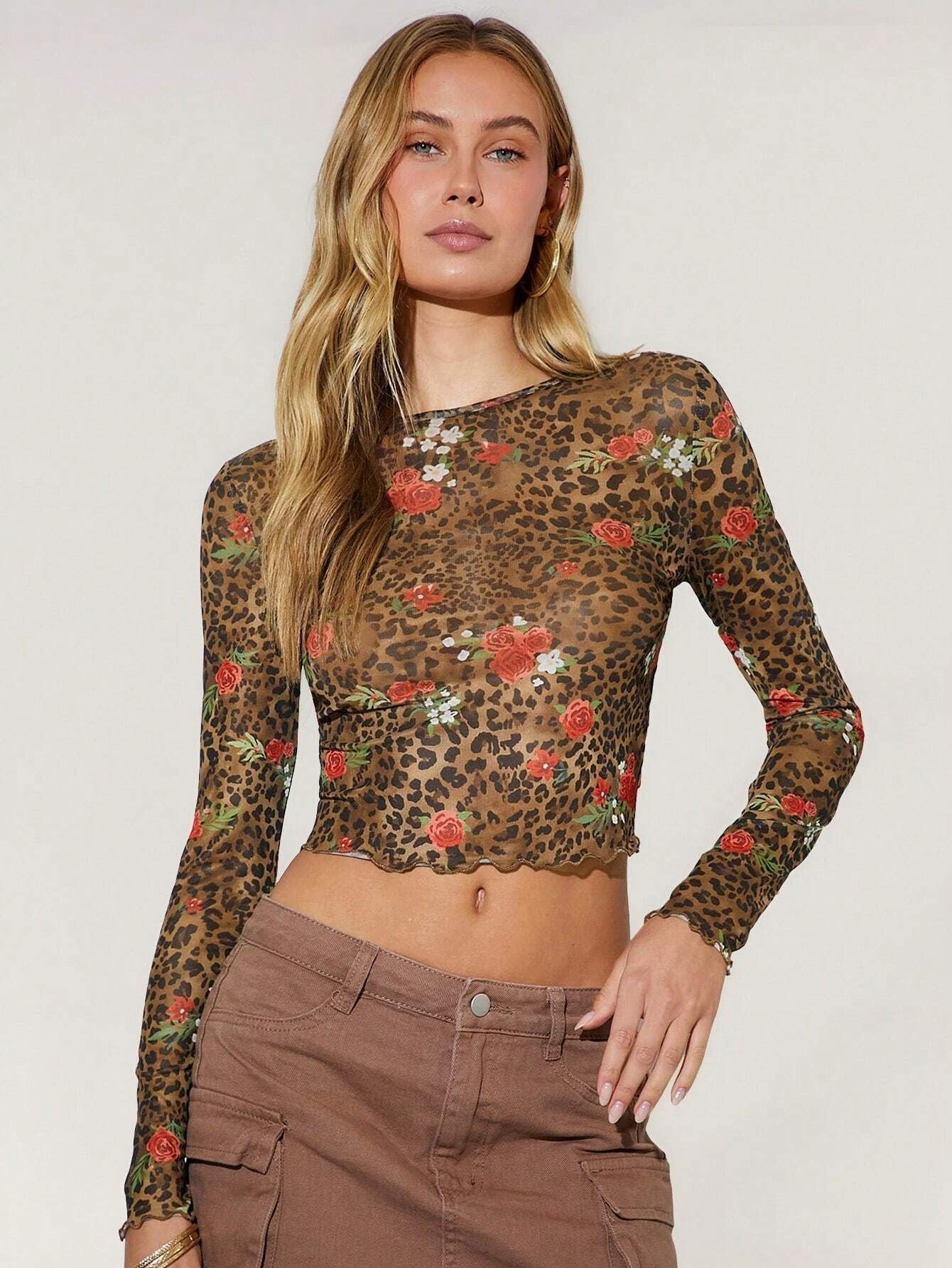 Dam Långärmad T-shirt Rund Hals Leopardmönster Nätverksmaterial 0