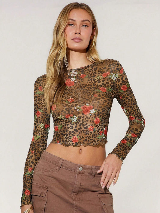 Dam LÄngÀrmad T-shirt Rund Hals Leopardmönster NÀtverksmaterial 0