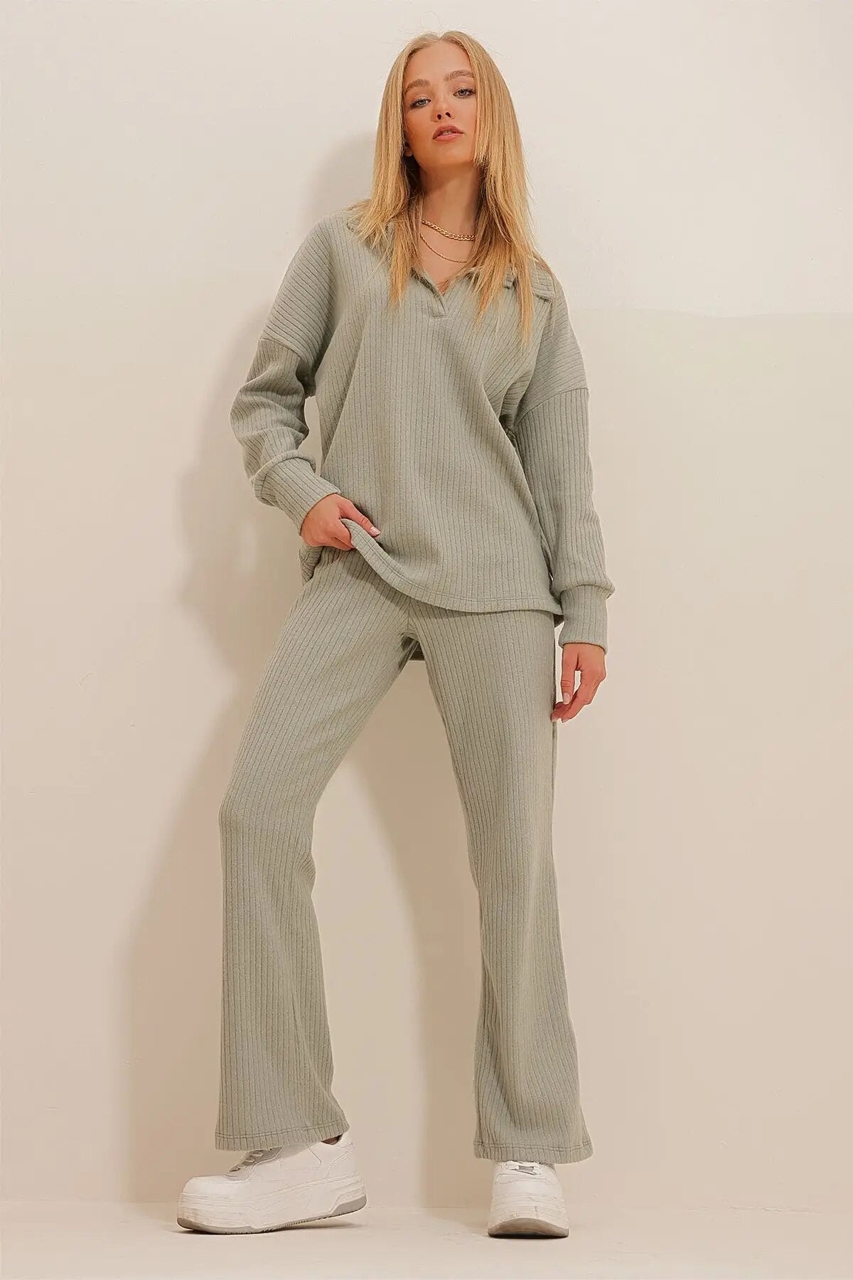 Dam Loungewear Set Våffeltyg Avslappnad Passform 2