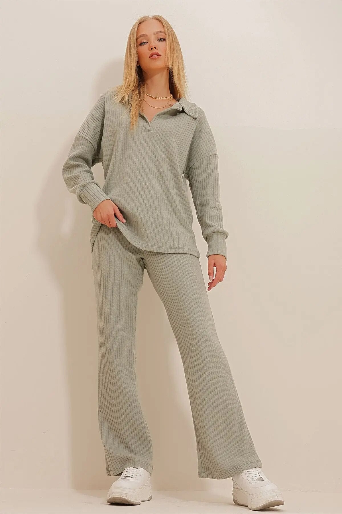 Dam Loungewear Set Våffeltyg Avslappnad Passform 3