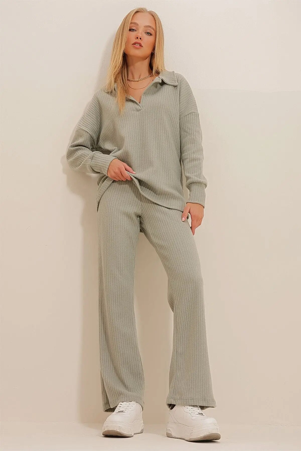 Dam Loungewear Set Våffeltyg Avslappnad Passform 6