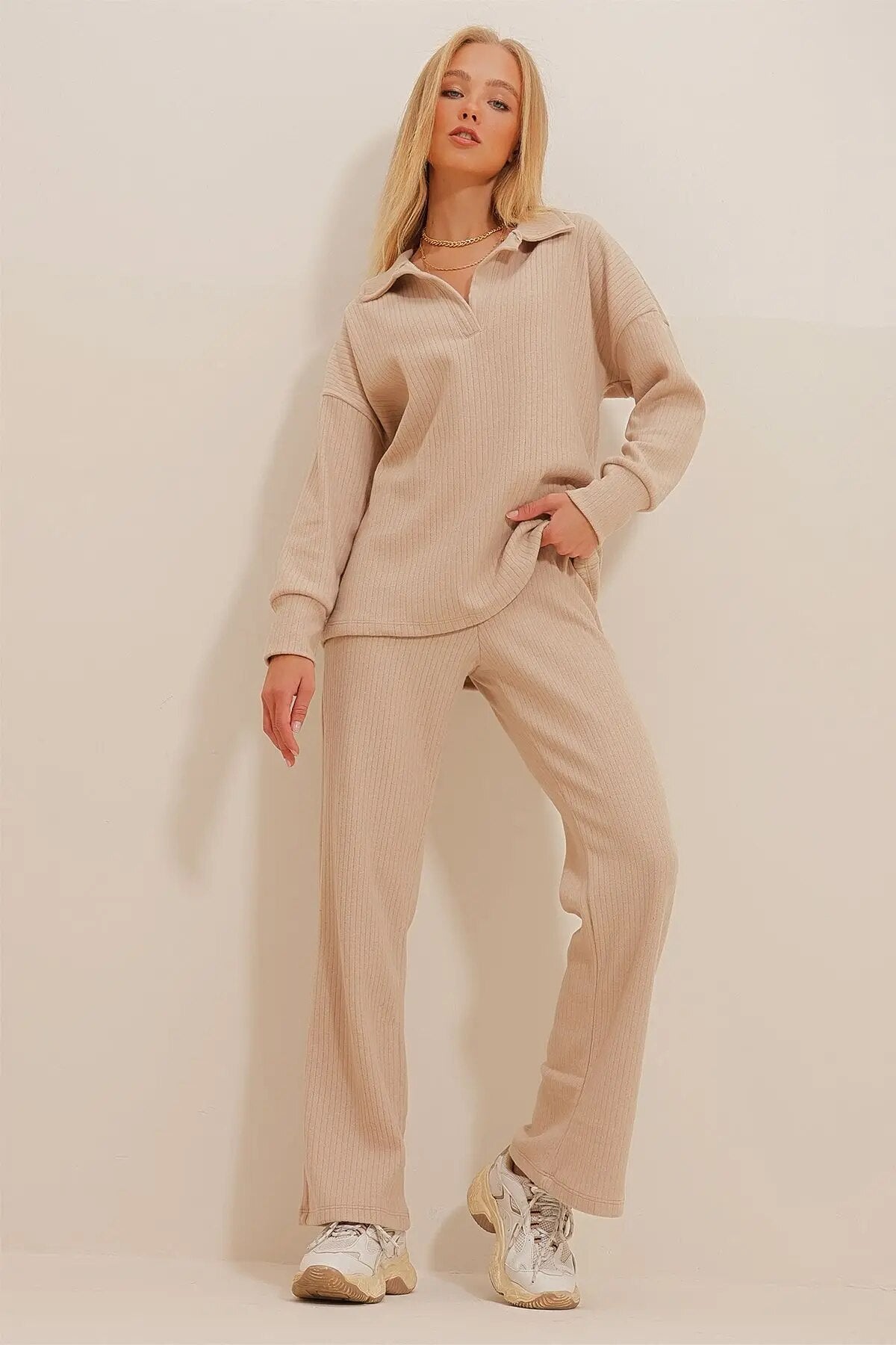 Dam Loungewear Set Våffeltyg Avslappnad Passform 8