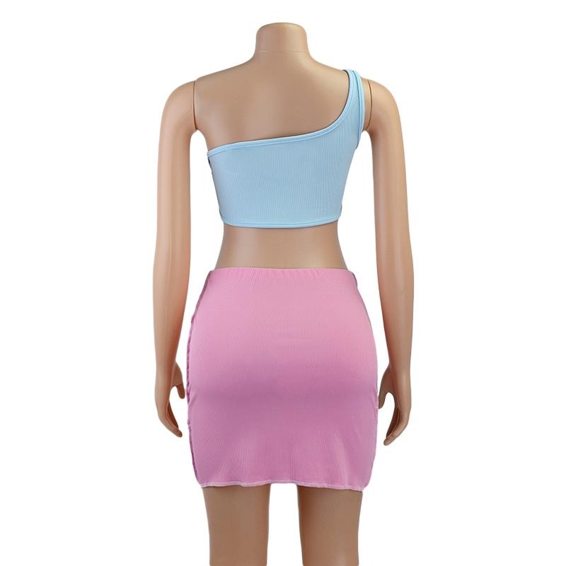 Dam Mini Kjol Patchwork Stil Elastisk Spandex Polyester Tank Top Set 2