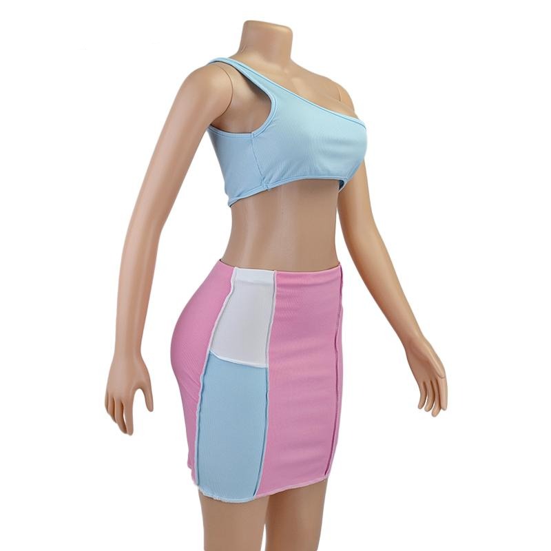 Dam Mini Kjol Patchwork Stil Elastisk Spandex Polyester Tank Top Set 3