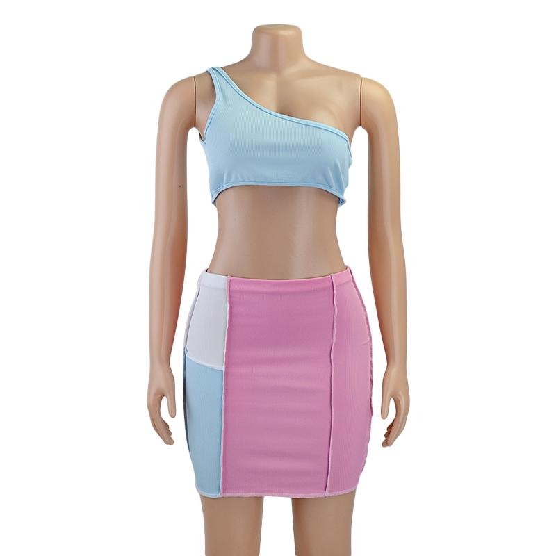 Dam Mini Kjol Patchwork Stil Elastisk Spandex Polyester Tank Top Set 4