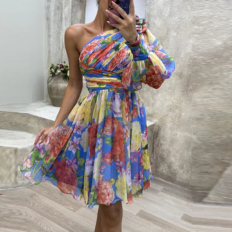 Dam Off-Shoulder Klänning Blommigt Tryck Lätt Material för Sommar och Fest 1