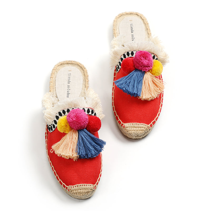 Dam Sandaler Slip-On Hampa Med Dekorativa Puffbollar 1