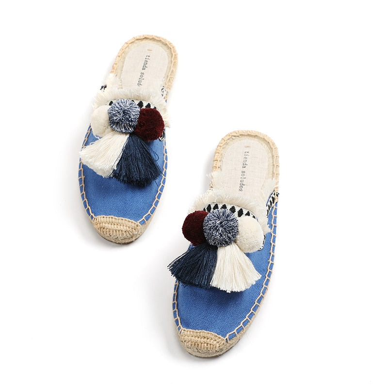 Dam Sandaler Slip-On Hampa Med Dekorativa Puffbollar 2