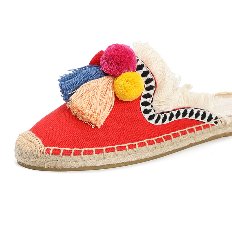 Dam Sandaler Slip-On Hampa Med Dekorativa Puffbollar 3