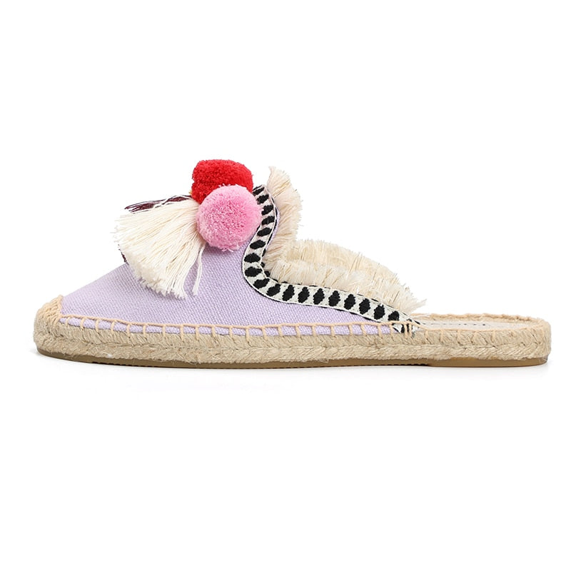 Dam Sandaler Slip-On Hampa Med Dekorativa Puffbollar 4