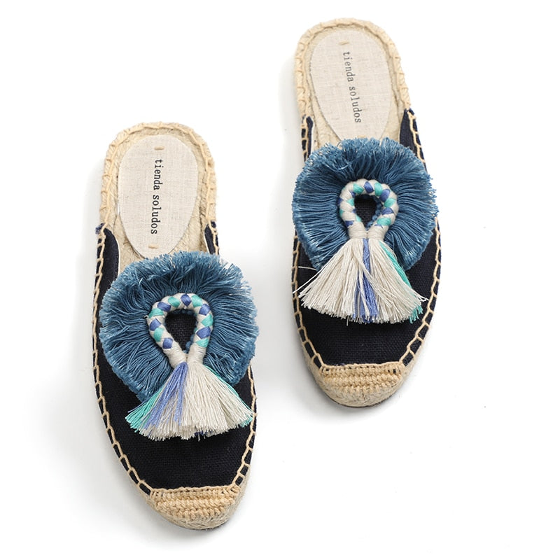 Dam Sandaler Slip-On Hampa Med Dekorativa Puffbollar 6